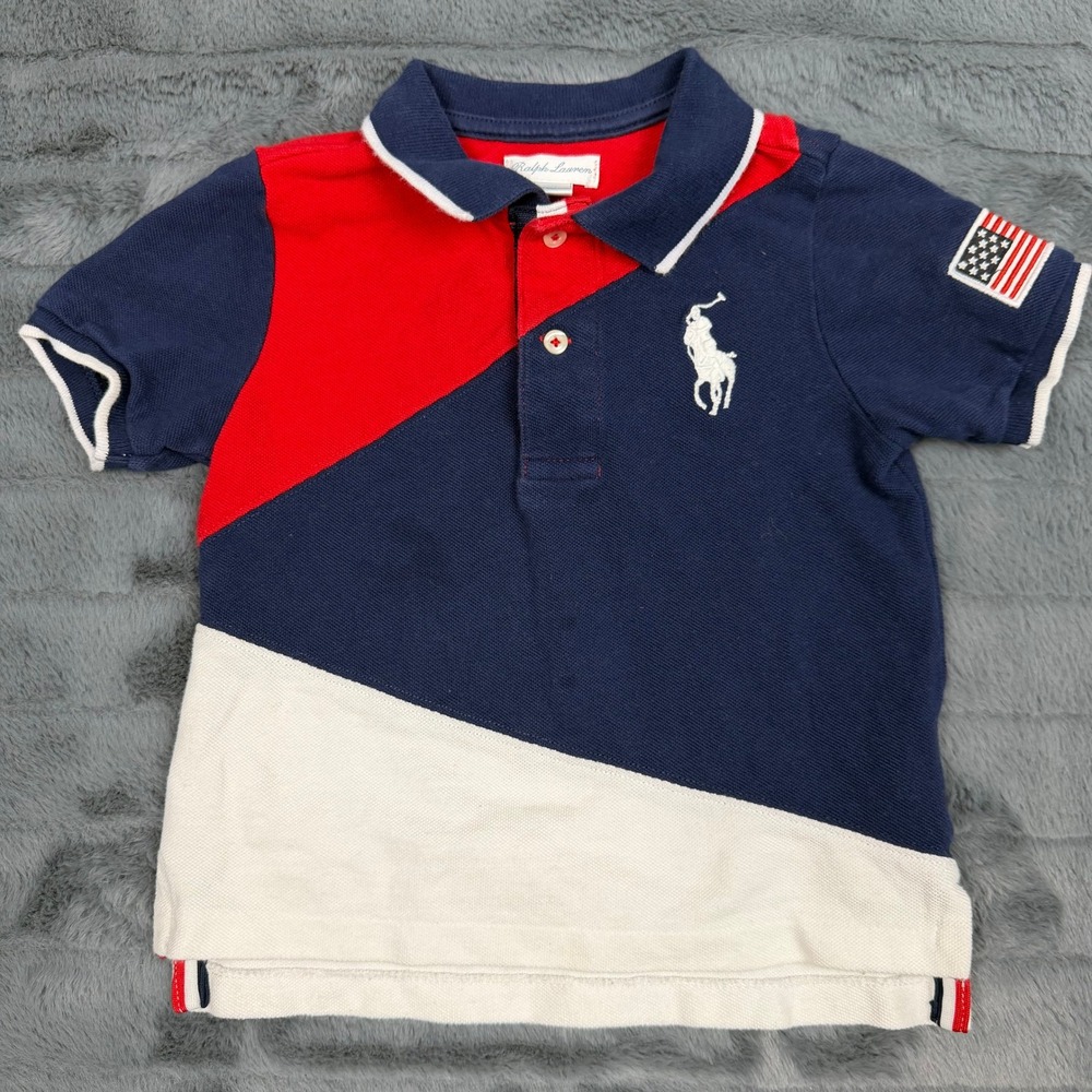 Ralph Lauren Kids Navy Red White Colorblock Big Pony Polo Shirt 24M 15238